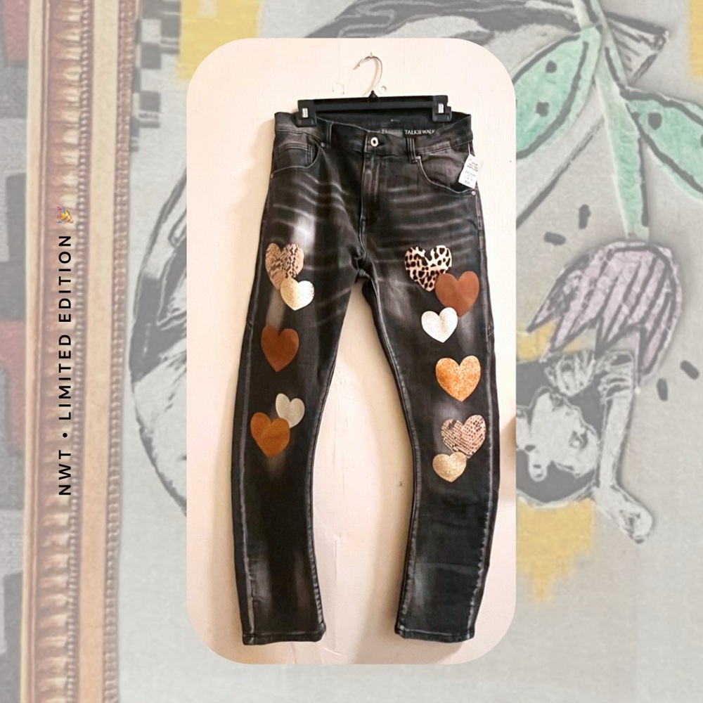 NWT 🎉 Leopard Print Gold Foil Heart Patchwork Dark Gray Denim Jeans